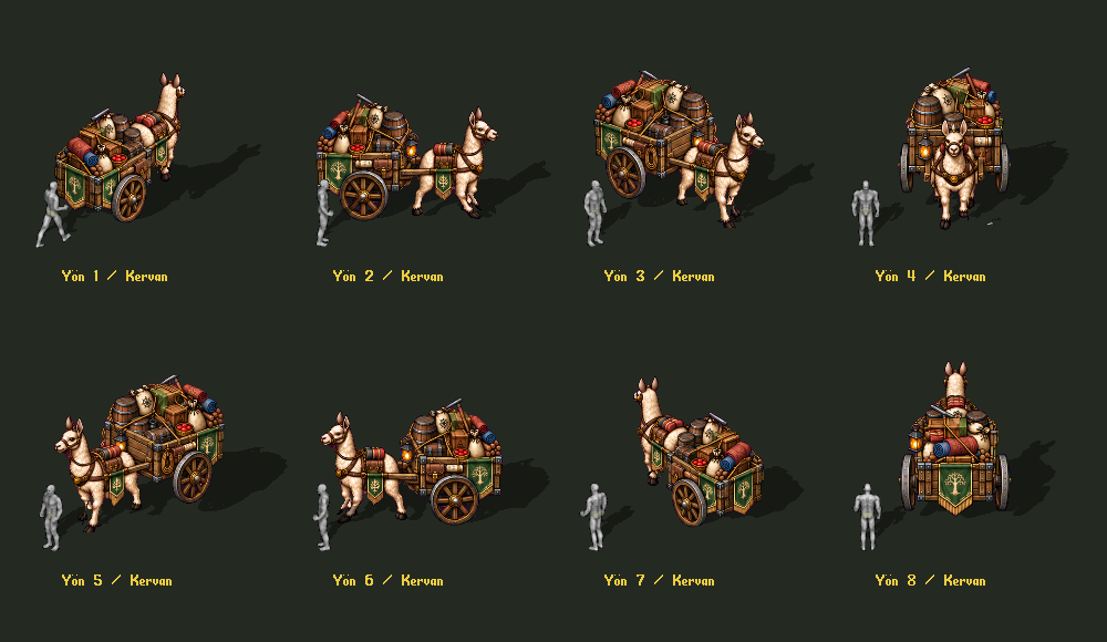 The caravan’s eight-direction appearance: steps, wheel rotation and gentle head movement advance together while the original wagon and cargo details are preserved.