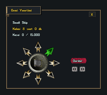 Ship controls in the actual client: compass, green forward direction, red Stop and turn buttons.