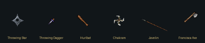 Altı silahın oyundaki özgün eşya görselleri. Soldan sağa: Throwing Star, Throwing Dagger, Hurlbat, Chakram, Javelin, Francisca Axe.